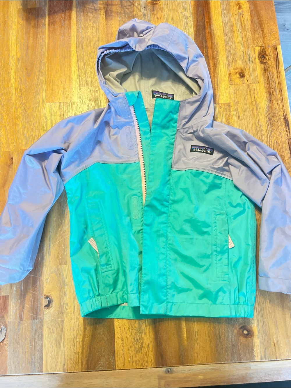 Patagonia Teal and Lavender Kids' Hooded Rain Jacket